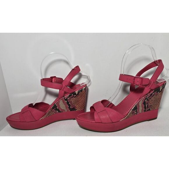 Cole Haan Paley Sz 9.5 Punch Pink Leather Snake Print Snakeskin Wedge Heels - Picture 4 of 10